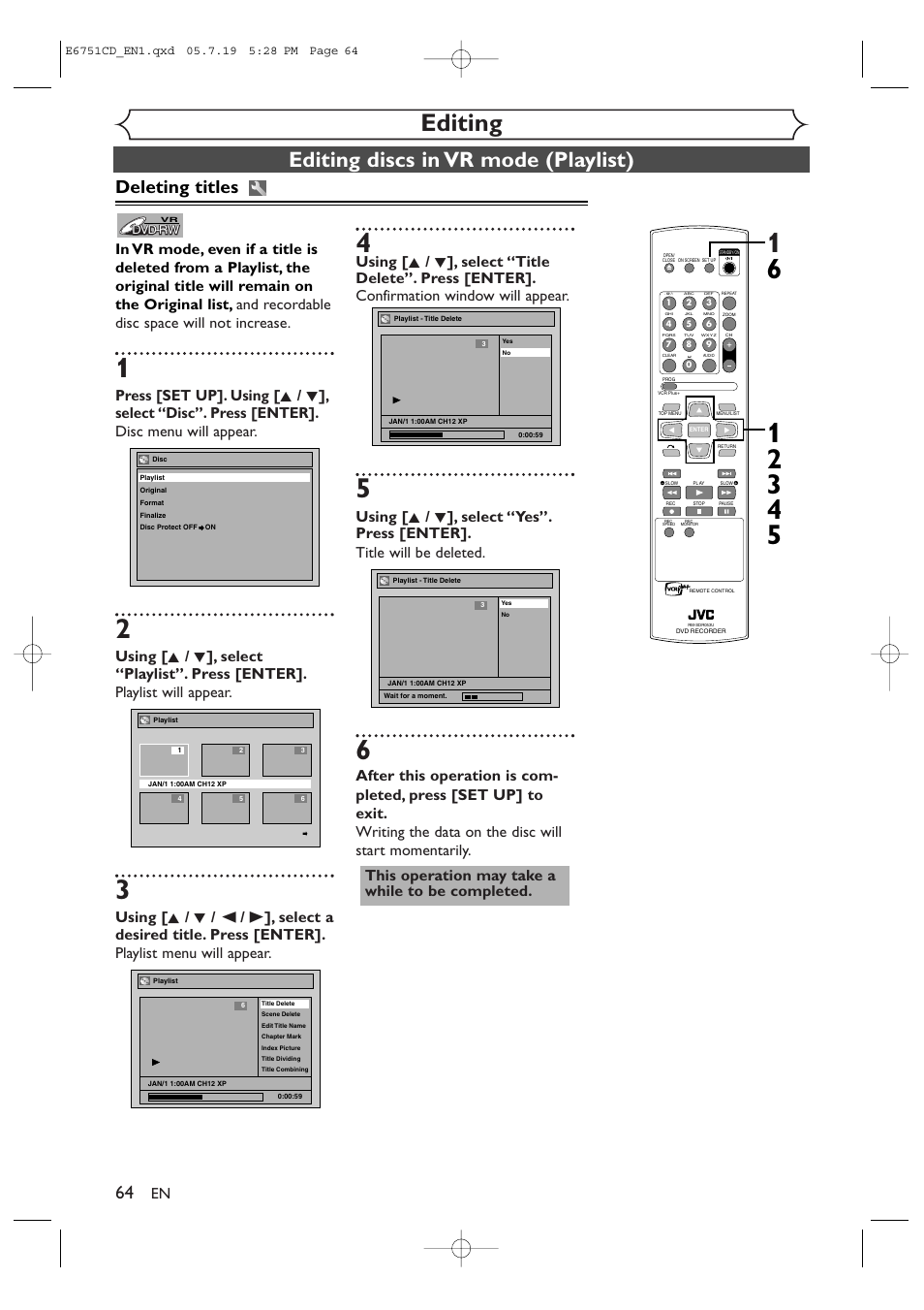 Editing, Editing discs in vr mode (playlist), Deleting titles | JVC DR-M70SU User Manual | Page 64 / 88