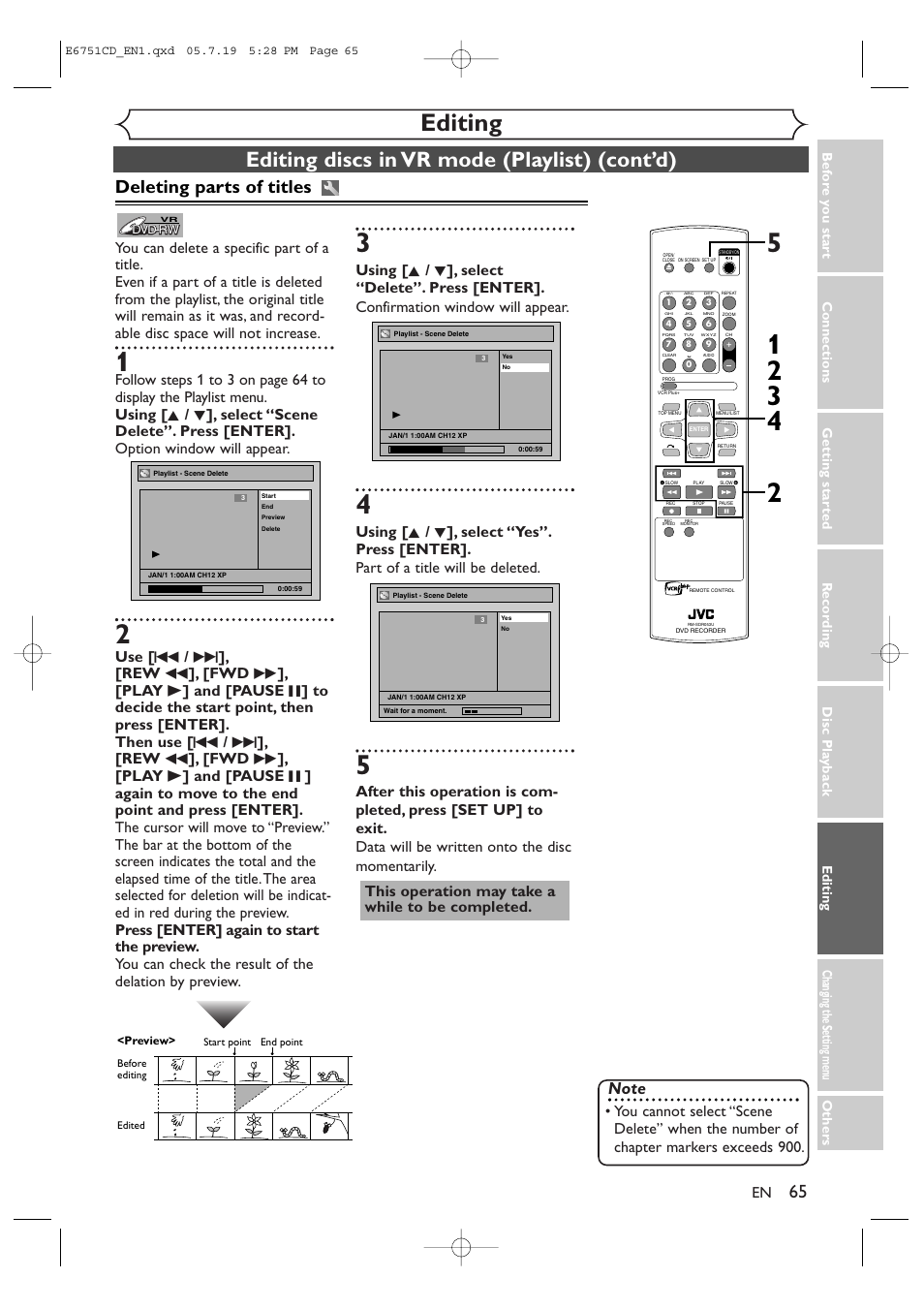 Editing, Editing discs in vr mode (playlist) (cont’d), Deleting parts of titles | JVC DR-M70SU User Manual | Page 65 / 88