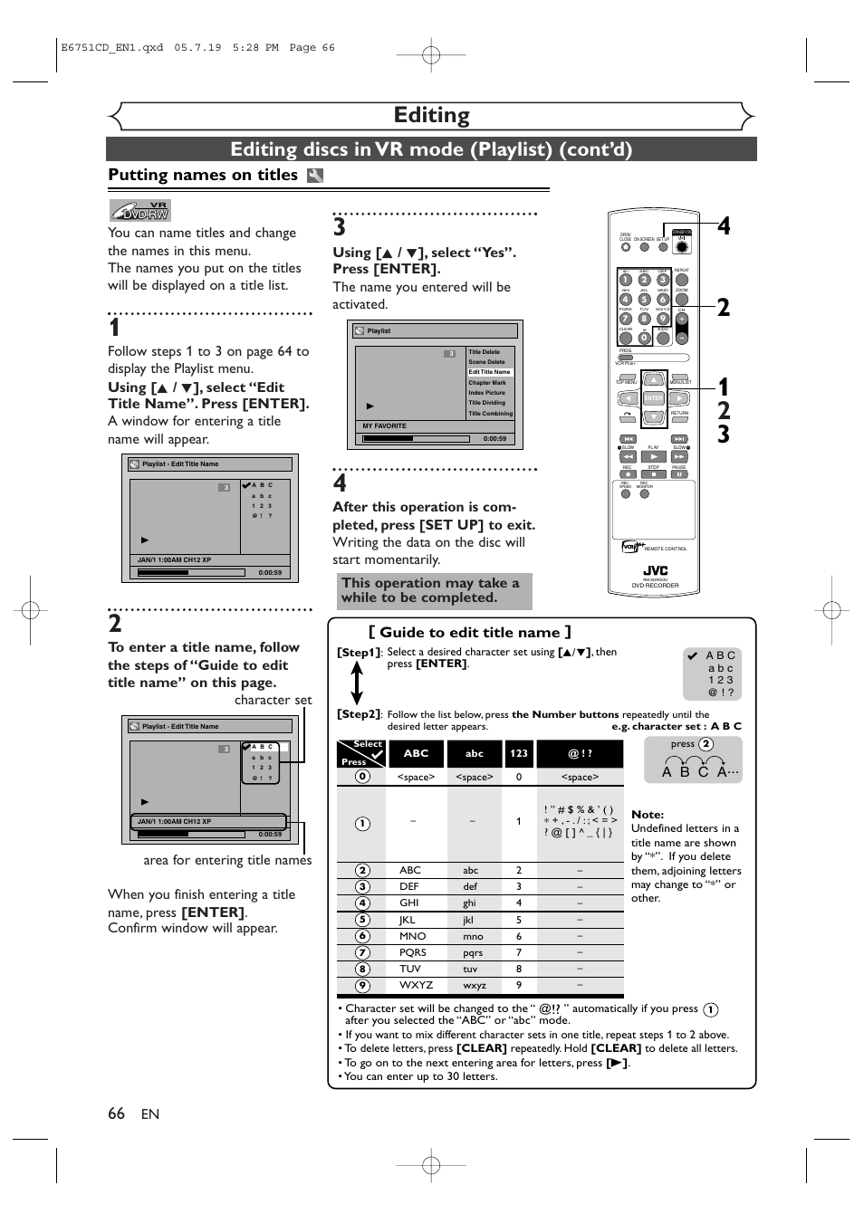 Editing, Editing discs in vr mode (playlist) (cont’d), Putting names on titles | Guide to edit title name, A b c a | JVC DR-M70SU User Manual | Page 66 / 88