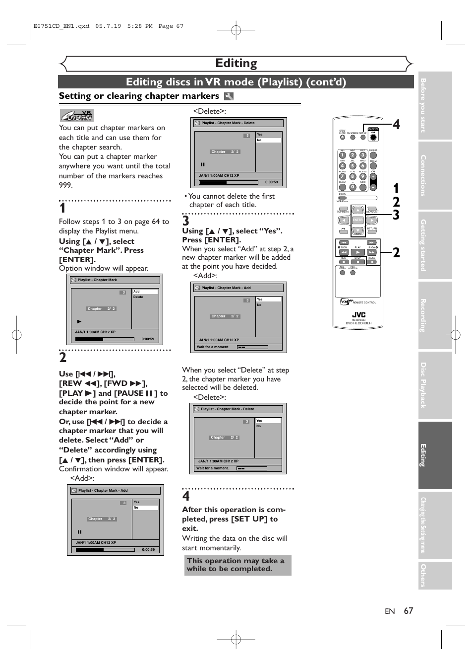 Editing, Editing discs in vr mode (playlist) (cont’d), Setting or clearing chapter markers | JVC DR-M70SU User Manual | Page 67 / 88