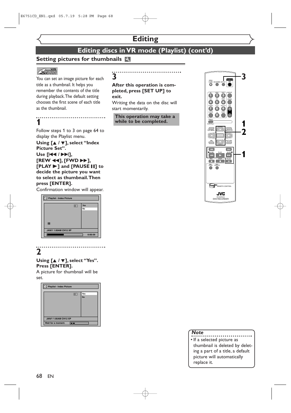 Editing, Editing discs in vr mode (playlist) (cont’d), Setting pictures for thumbnails | JVC DR-M70SU User Manual | Page 68 / 88