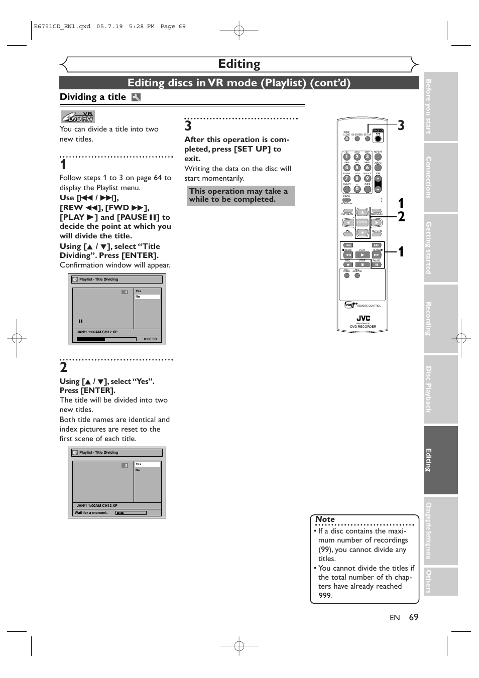 Editing, Editing discs in vr mode (playlist) (cont’d), Dividing a title | You can divide a title into two new titles | JVC DR-M70SU User Manual | Page 69 / 88