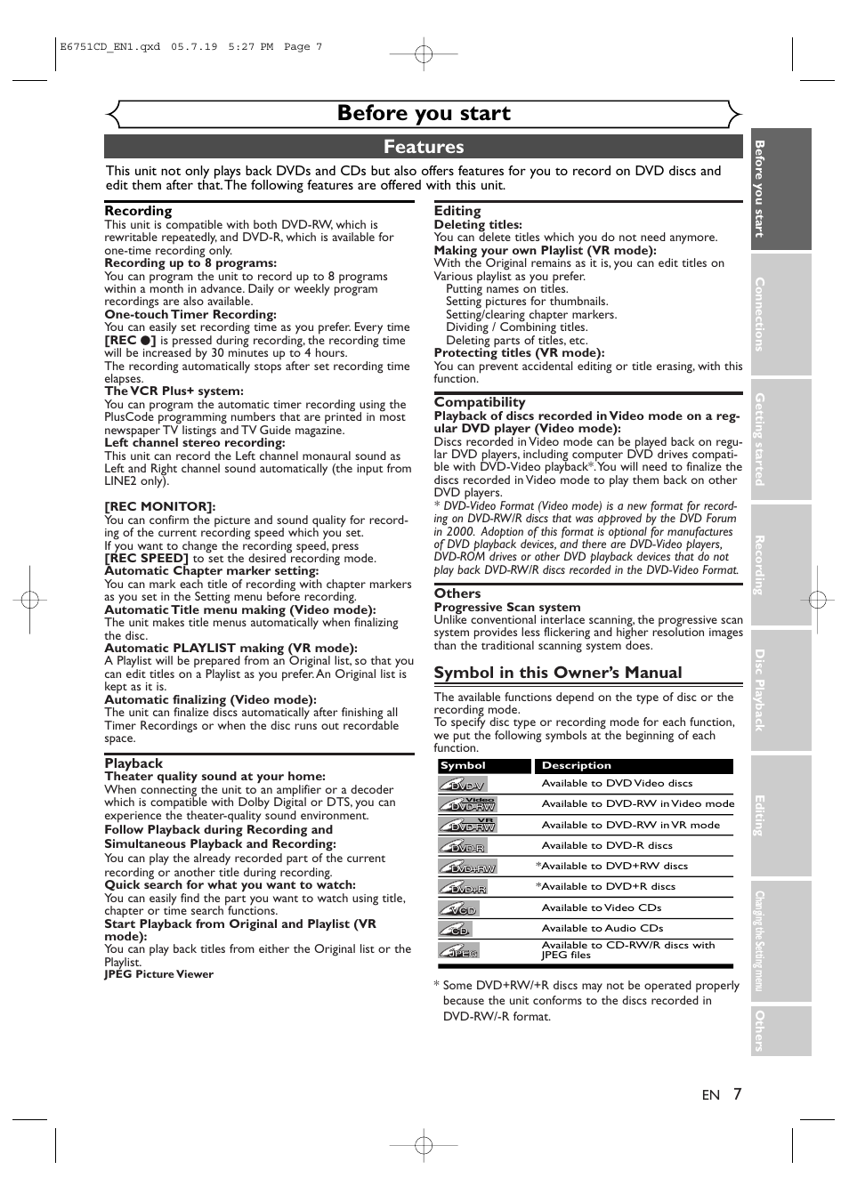 Before you start, Features, Symbol in this owner’s manual | JVC DR-M70SU User Manual | Page 7 / 88