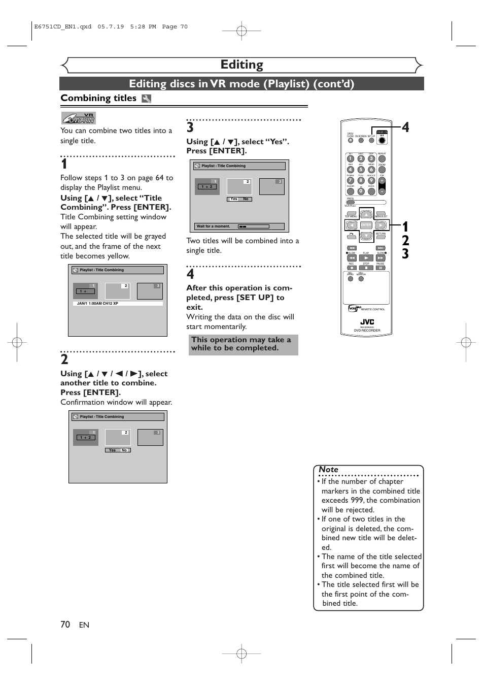 Editing, Editing discs in vr mode (playlist) (cont’d), Combining titles | You can combine two titles into a single title | JVC DR-M70SU User Manual | Page 70 / 88