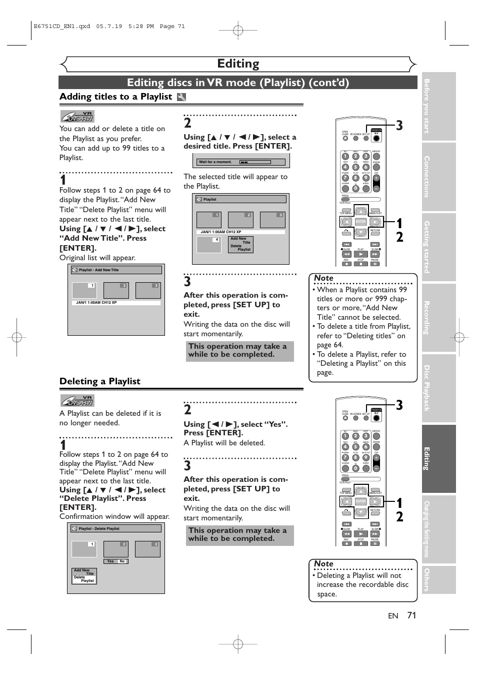 Editing, Editing discs in vr mode (playlist) (cont’d), Adding titles to a playlist | Deleting a playlist | JVC DR-M70SU User Manual | Page 71 / 88