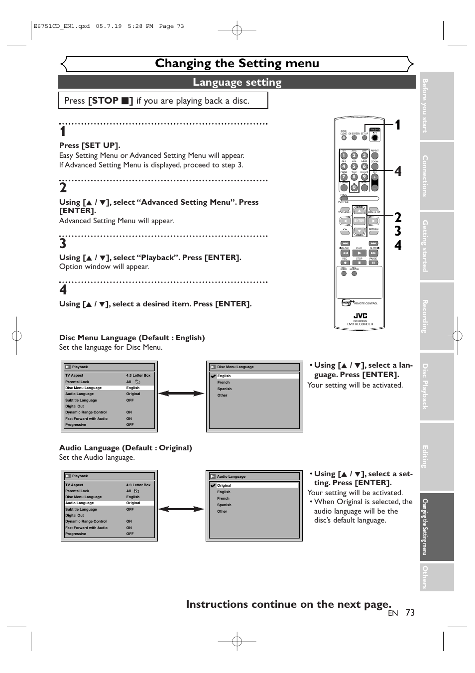 Changing the setting menu, Language setting, Instructions continue on the next page | Press [stop c ] if you are playing back a disc | JVC DR-M70SU User Manual | Page 73 / 88