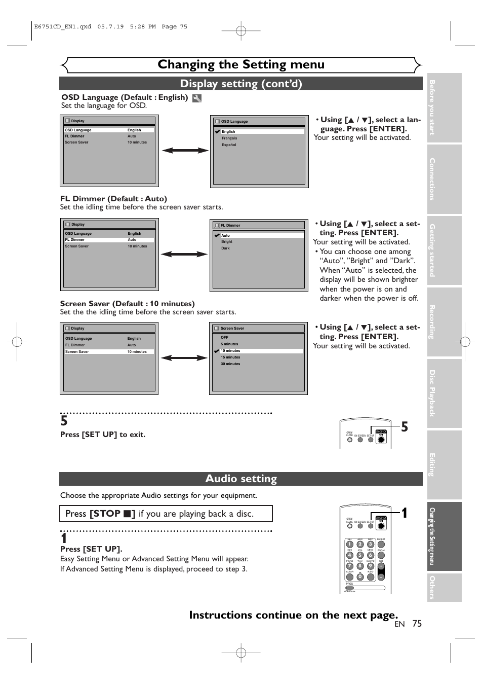 Changing the setting menu, Display setting (cont’d), Press [stop c ] if you are playing back a disc | Press [set up] to exit | JVC DR-M70SU User Manual | Page 75 / 88