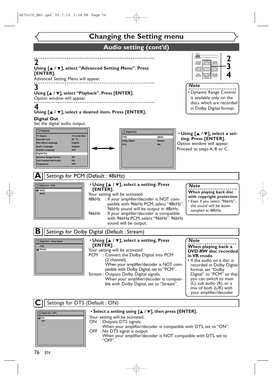 Changing the setting menu, Audio setting (cont’d), Settings for dolby digital (default : stream) | Settings for pcm (default : 48khz), Settings for dts (default : on) | JVC DR-M70SU User Manual | Page 76 / 88