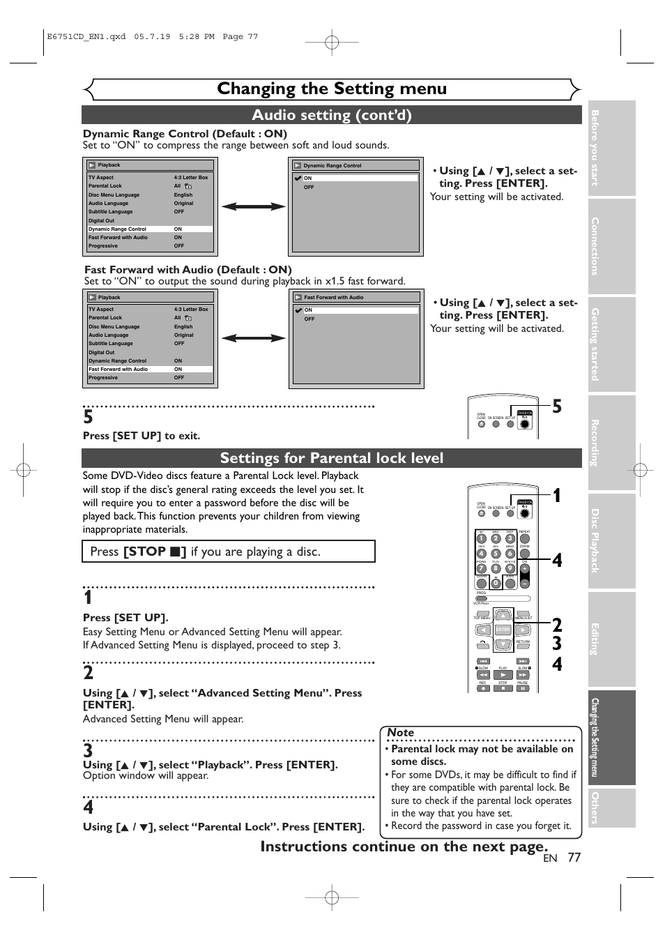 Changing the setting menu, Audio setting (cont’d), Press [stop c ] if you are playing a disc | Press [set up] to exit | JVC DR-M70SU User Manual | Page 77 / 88