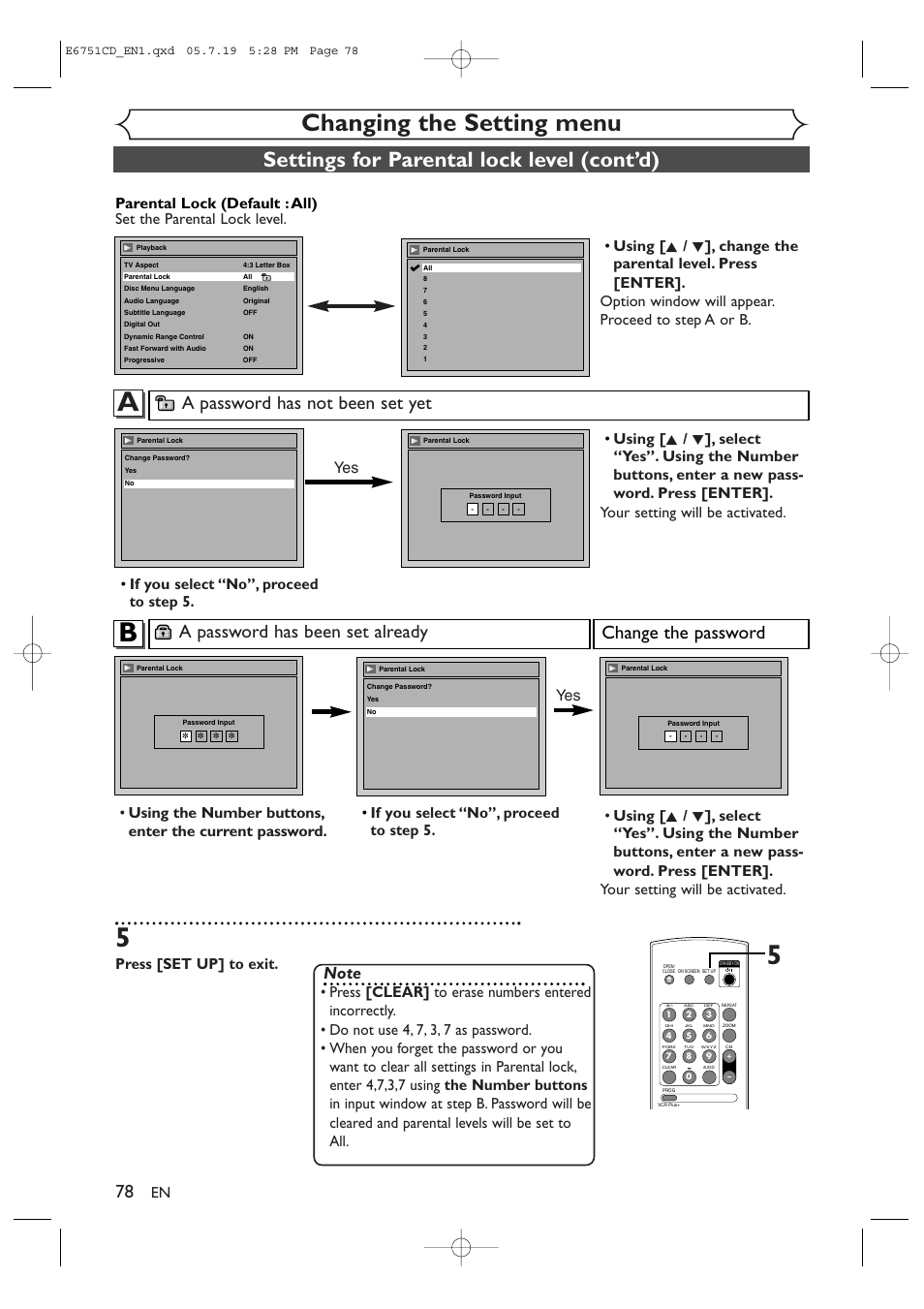 Changing the setting menu, Settings for parental lock level (cont’d), A password has been set already | Change the password, A password has not been set yet, Press [set up] to exit, If you select “no”, proceed to step 5. yes | JVC DR-M70SU User Manual | Page 78 / 88