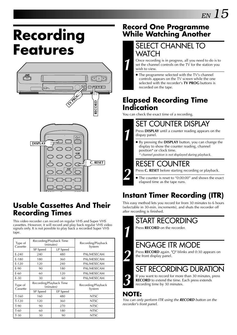 Recording features, Select channel to watch, Start recording | Engage itr mode, Set recording duration, Set counter display, Reset counter, Record one programme while watching another, Instant timer recording (itr), Elapsed recording time indication | JVC HR-J341EM User Manual | Page 15 / 36
