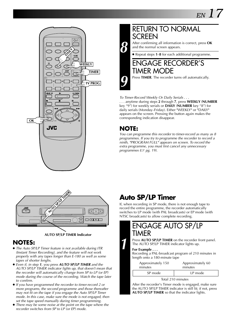 Return to normal screen, Engage recorder’s timer mode, Engage auto sp/lp timer | Auto sp/lp timer | JVC HR-J341EM User Manual | Page 17 / 36