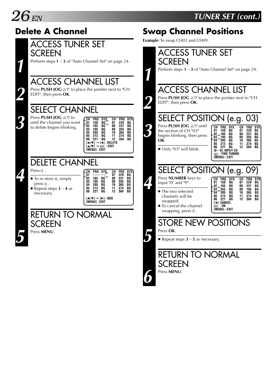 Access tuner set screen, Access channel list, Select channel | Delete channel, Return to normal screen, Select position (e.g. 03), Select position (e.g. 09), Store new positions, Tuner set (cont.), Delete a channel | JVC HR-J341EM User Manual | Page 26 / 36