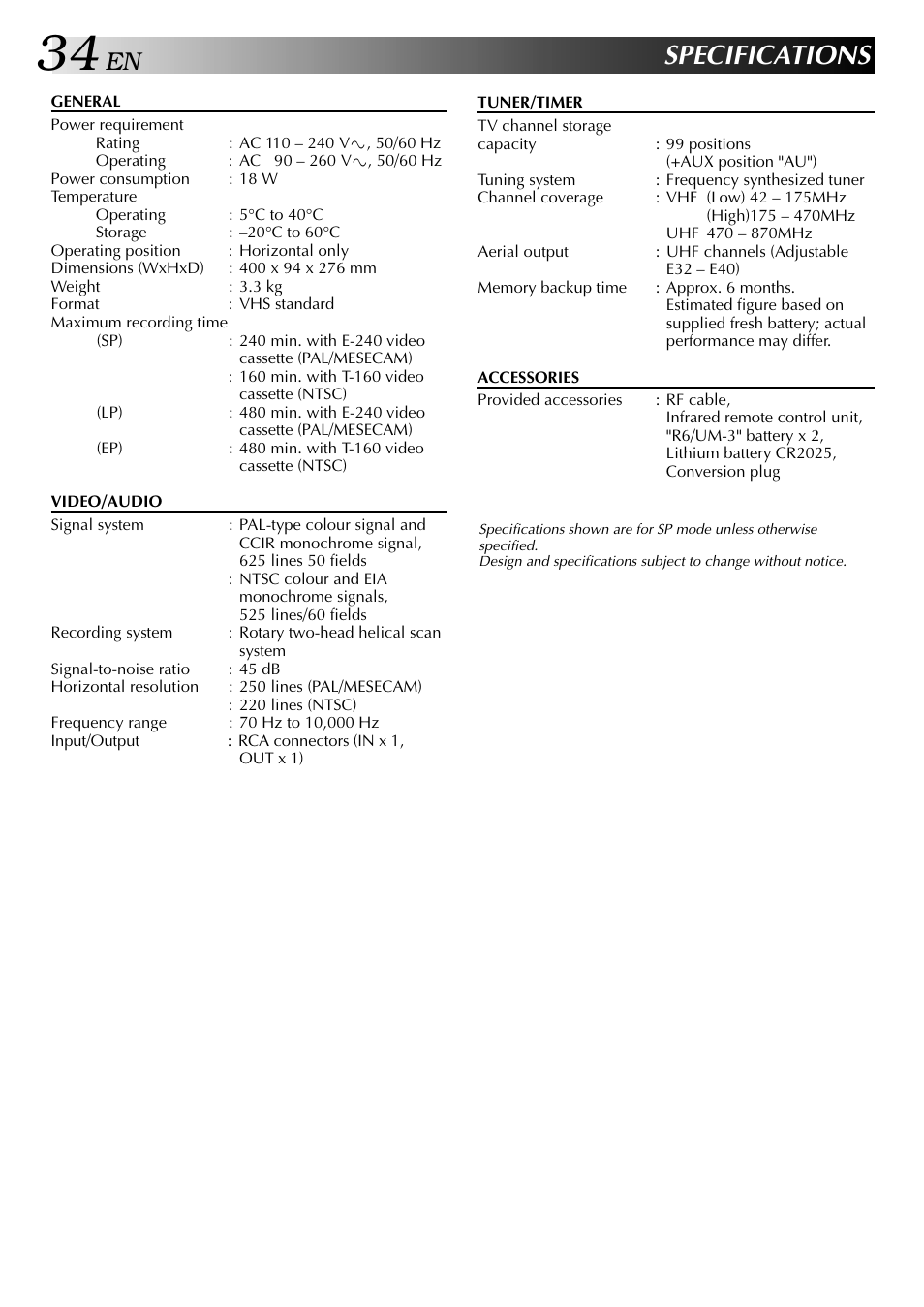 Specifications | JVC HR-J341EM User Manual | Page 34 / 36