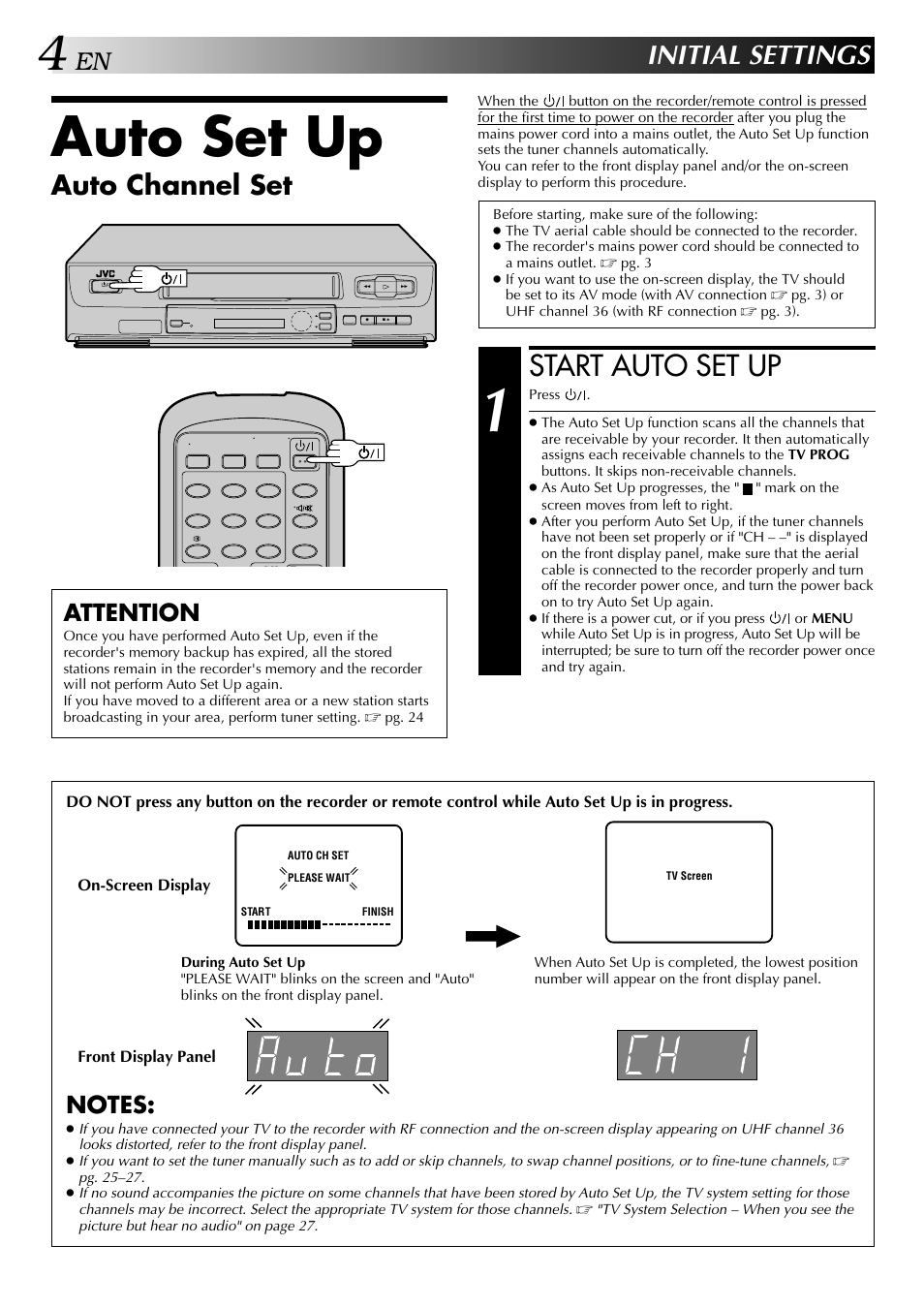 Auto set up, Start auto set up, Initial settings | Auto channel set, Attention | JVC HR-J341EM User Manual | Page 4 / 36