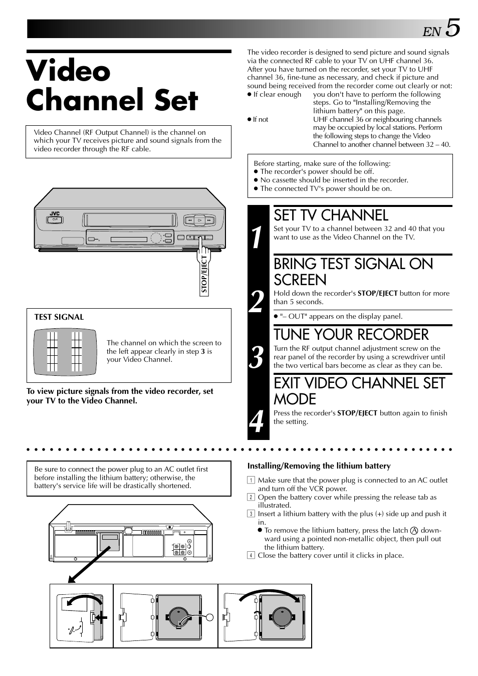 Video channel set, Set tv channel, Bring test signal on screen | Tune your recorder, Exit video channel set mode | JVC HR-J341EM User Manual | Page 5 / 36