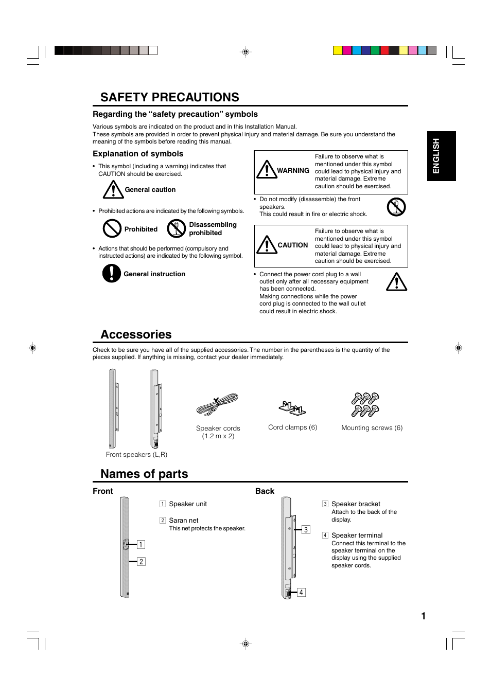 Safety precautions, Names of parts, Accessories | JVC TS-C500SPG User Manual | Page 2 / 6