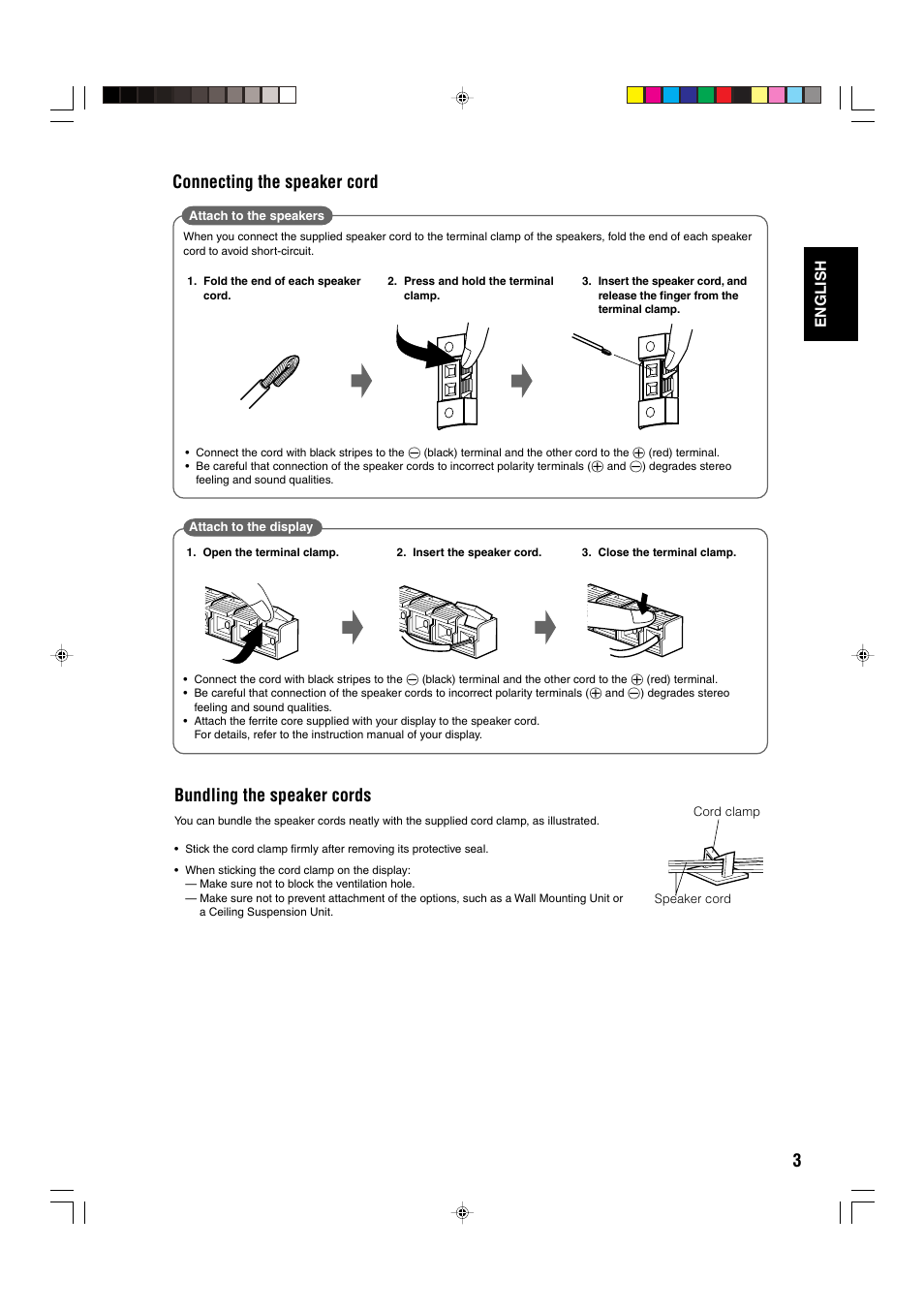 Connecting the speaker cord, Bundling the speaker cords | JVC TS-C500SPG User Manual | Page 4 / 6