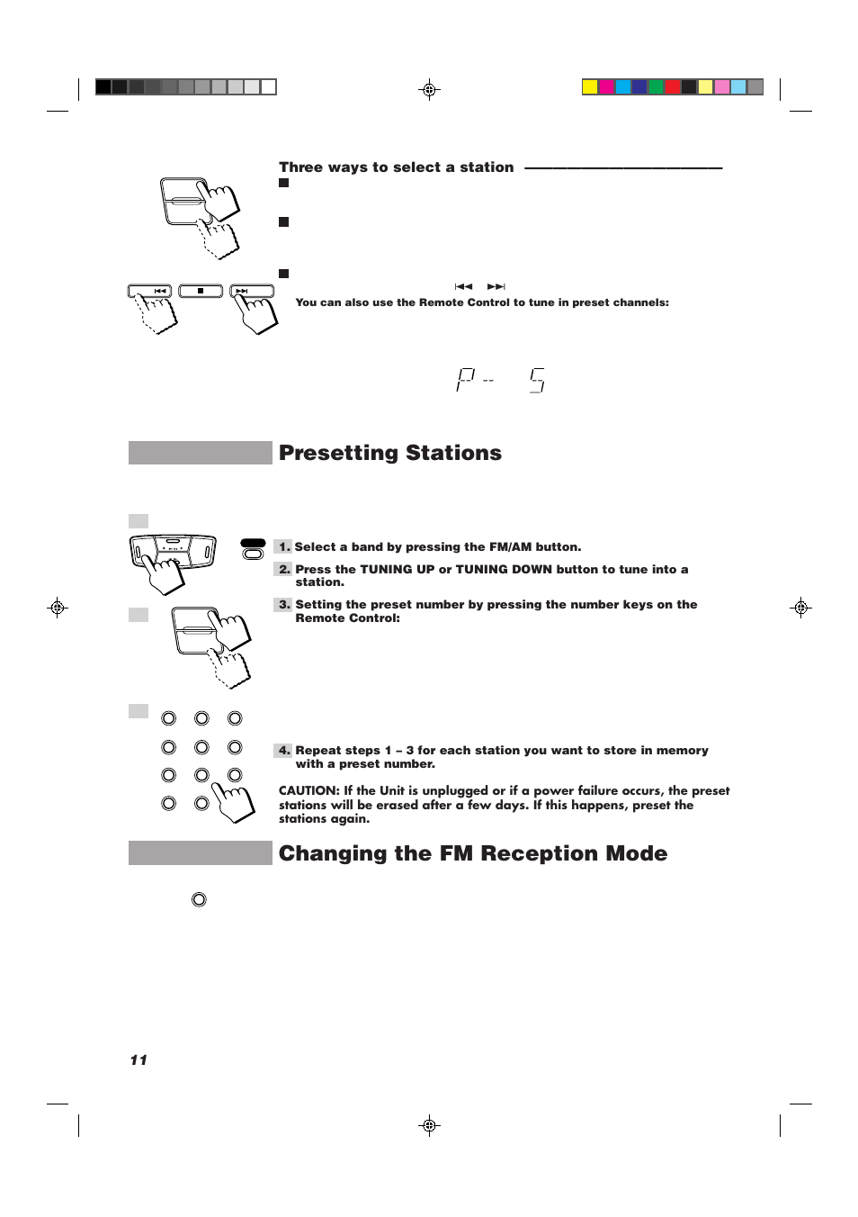 Presetting stations, Changing the fm reception mode, 11 three ways to select a station | JVC CA-MXJ10 User Manual | Page 14 / 32