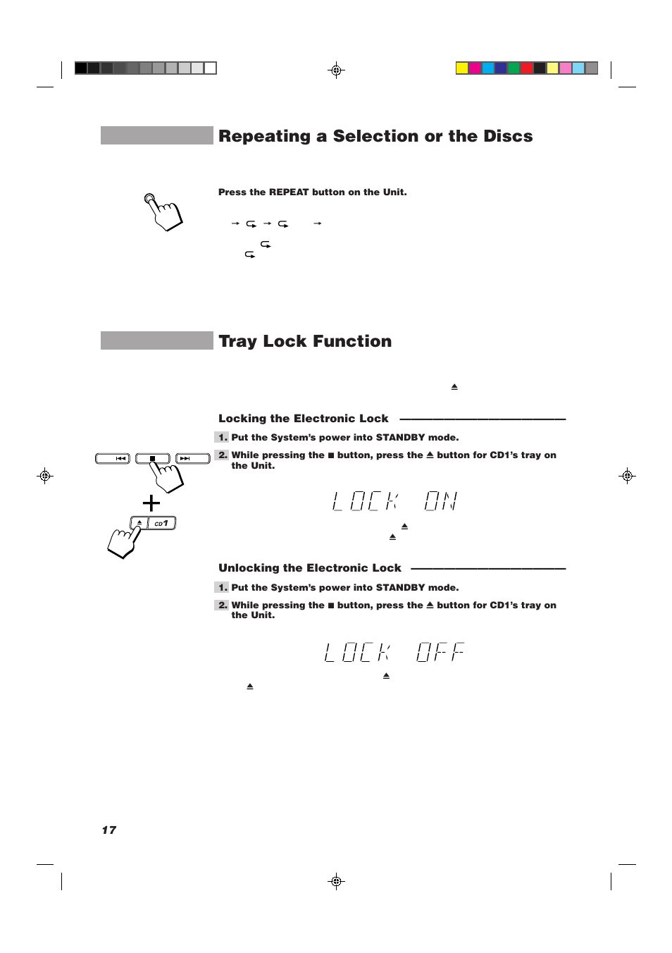 Repeating a selection or the discs, Tray lock function, Locking the electronic lock | Unlocking the electronic lock | JVC CA-MXJ10 User Manual | Page 20 / 32