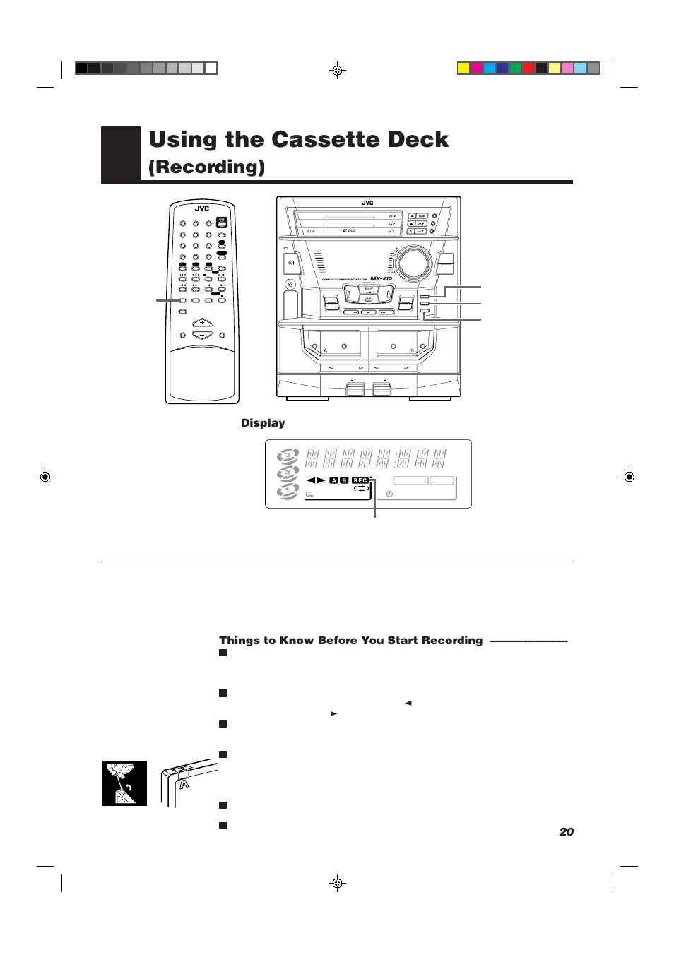 Using the cassette deck, Recording), Display | Things to know before you start recording, Play & exchanger, Compact digital audio, Rec pause, Dubbing rec start/stop cd rec start | JVC CA-MXJ10 User Manual | Page 23 / 32