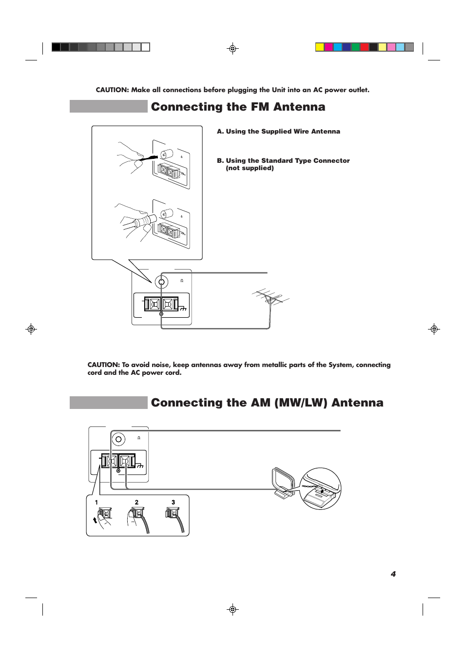 Connecting the fm antenna, Connecting the am (mw/lw) antenna, A. using the supplied wire antenna | JVC CA-MXJ10 User Manual | Page 7 / 32