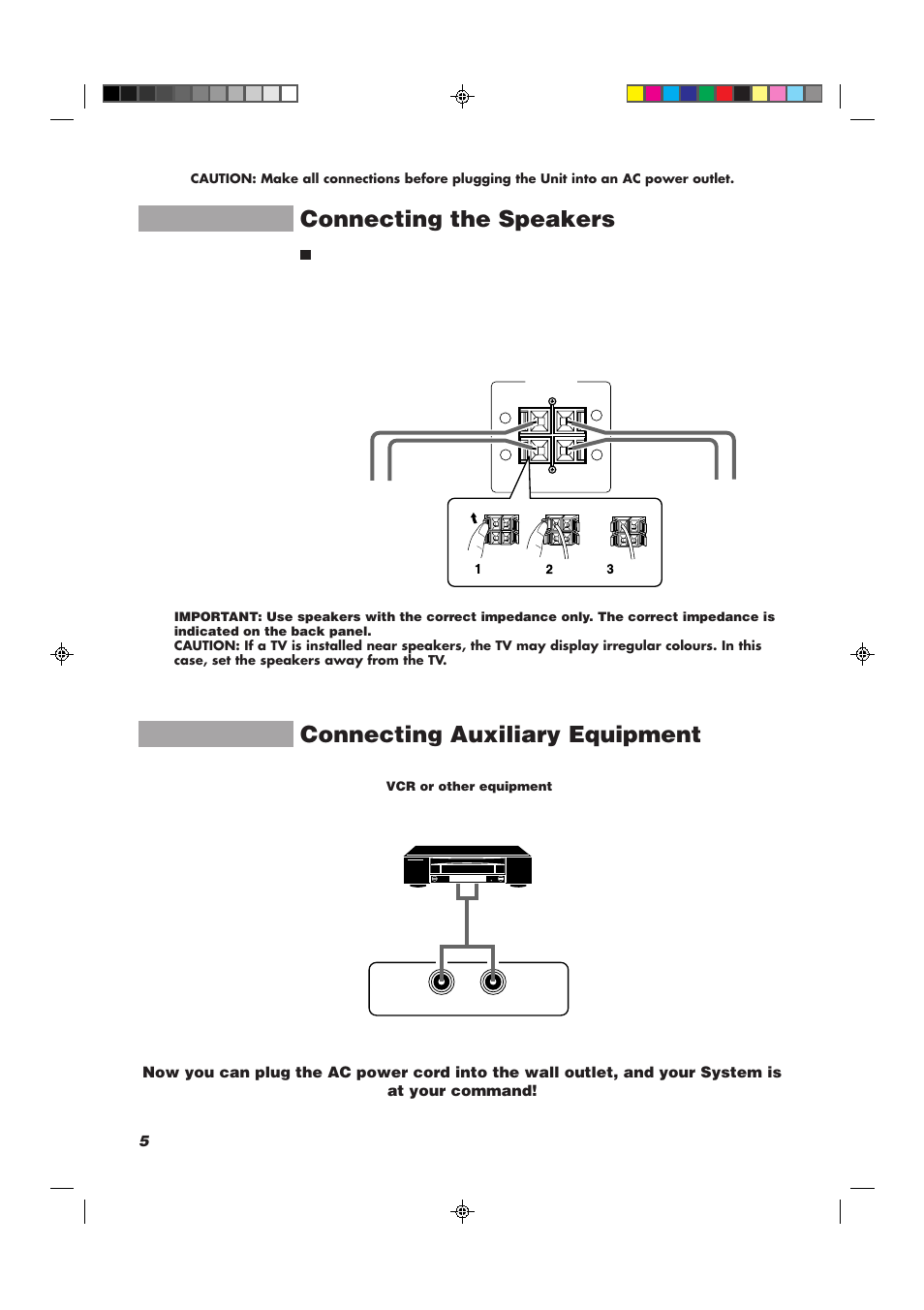 Connecting the speakers, Connecting auxiliary equipment | JVC CA-MXJ10 User Manual | Page 8 / 32