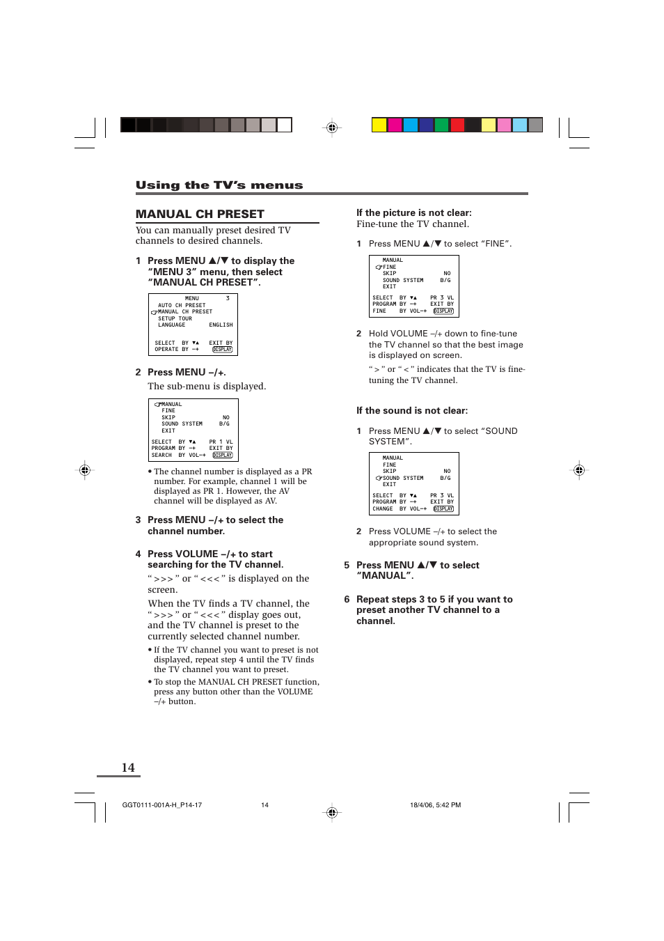 Manual ch preset | JVC AV-14FB116 User Manual | Page 14 / 20