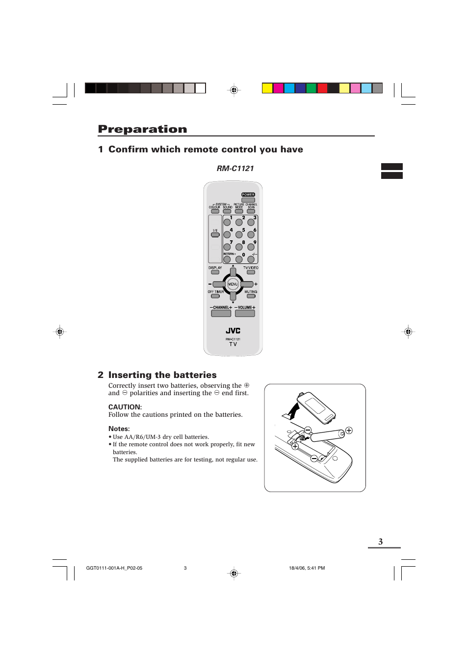 Preparation, 1 confirm which remote control you have, 2 inserting the batteries | JVC AV-14FB116 User Manual | Page 3 / 20