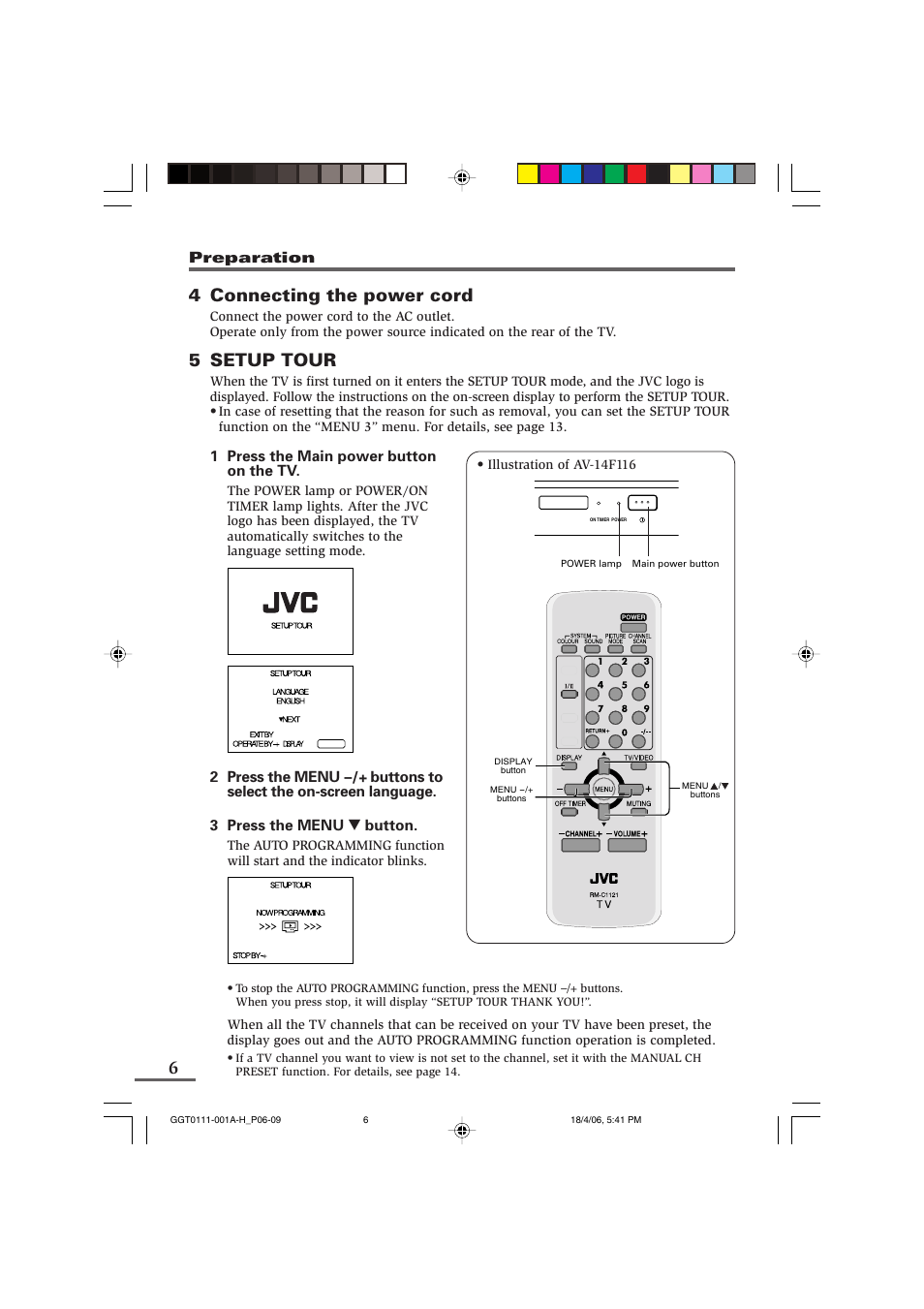 4 connecting the power cord, 5 setup tour | JVC AV-14FB116 User Manual | Page 6 / 20