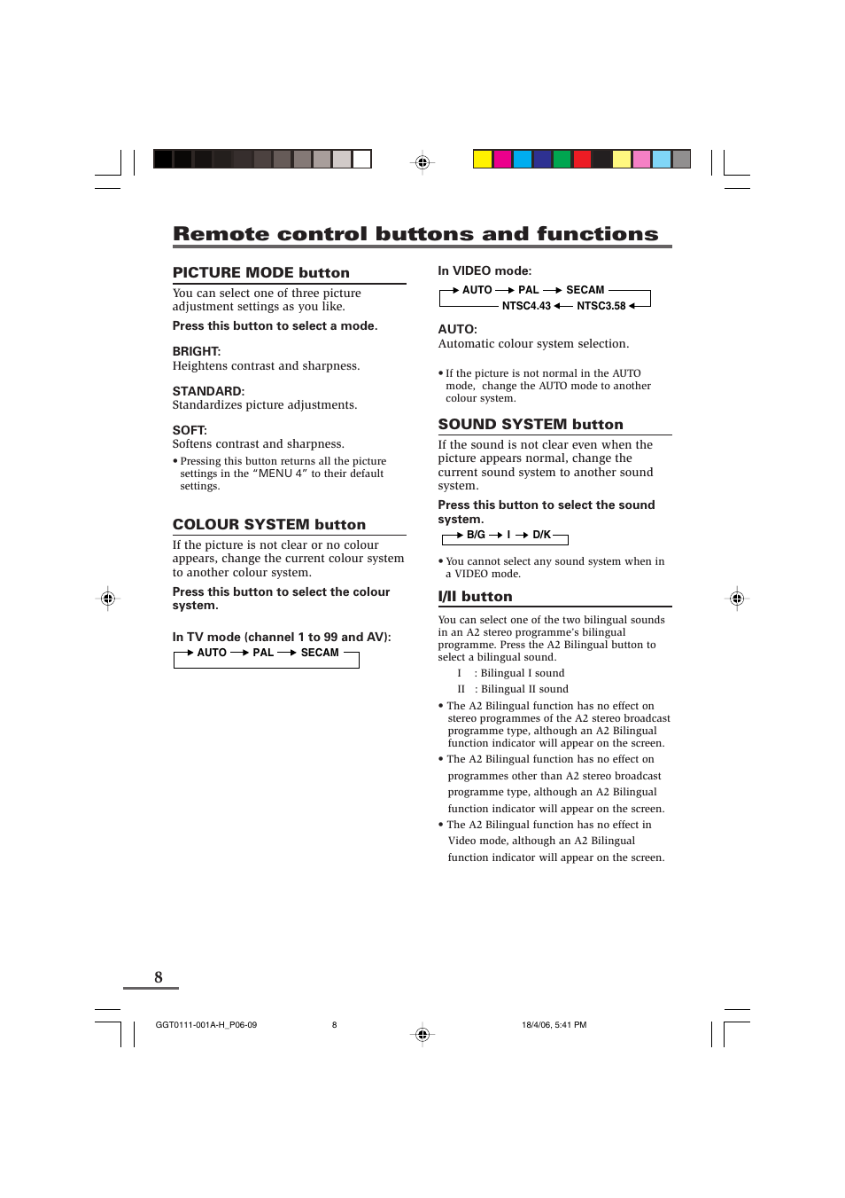 Remote control buttons and functions | JVC AV-14FB116 User Manual | Page 8 / 20