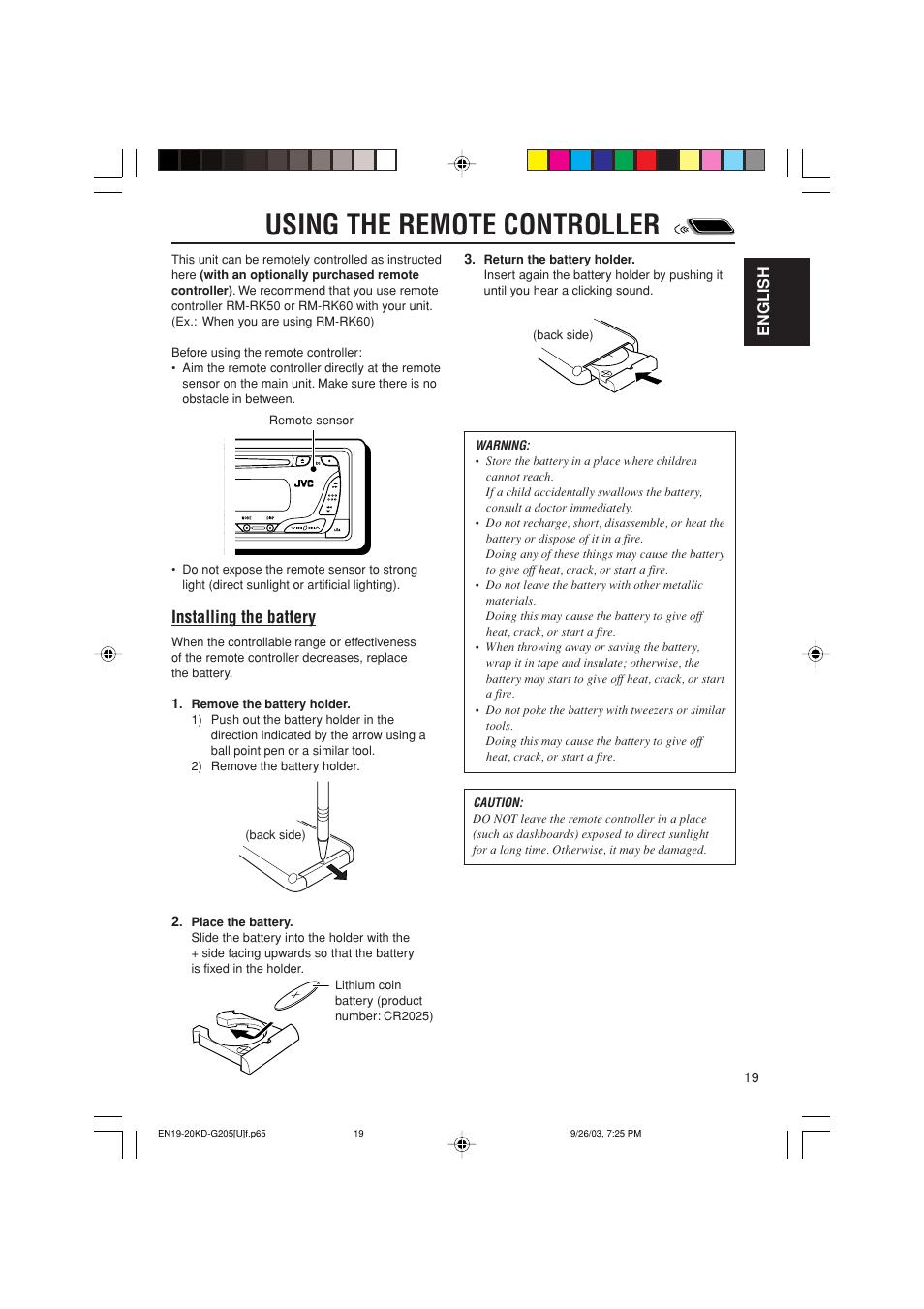 Using the remote controller, Installing the battery | JVC KD-G205 User Manual | Page 19 / 28