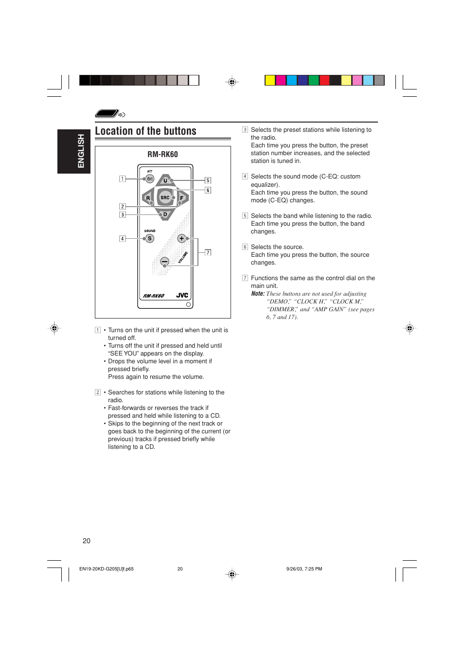 Location of the buttons, English, Rm-rk60 | JVC KD-G205 User Manual | Page 20 / 28