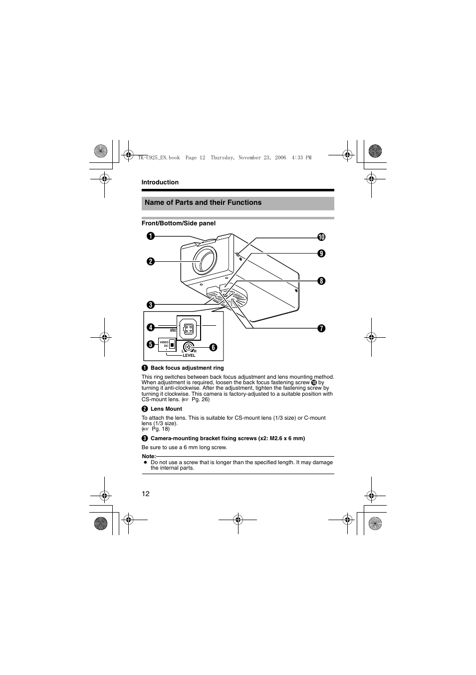 Name of parts and their functions | JVC TK-C926EG User Manual | Page 12 / 60