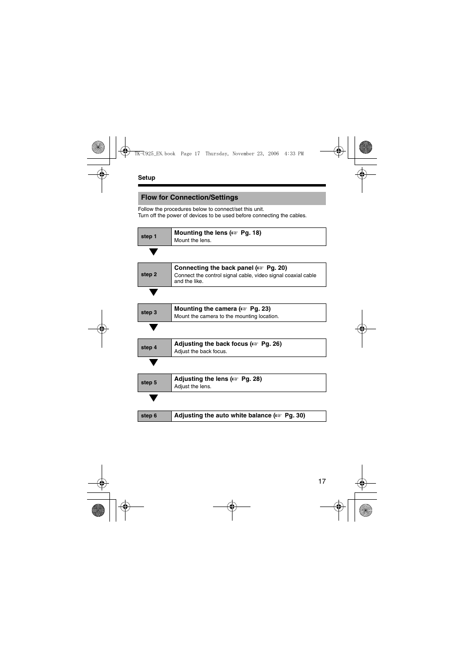 Setup, Flow for connection/settings | JVC TK-C926EG User Manual | Page 17 / 60