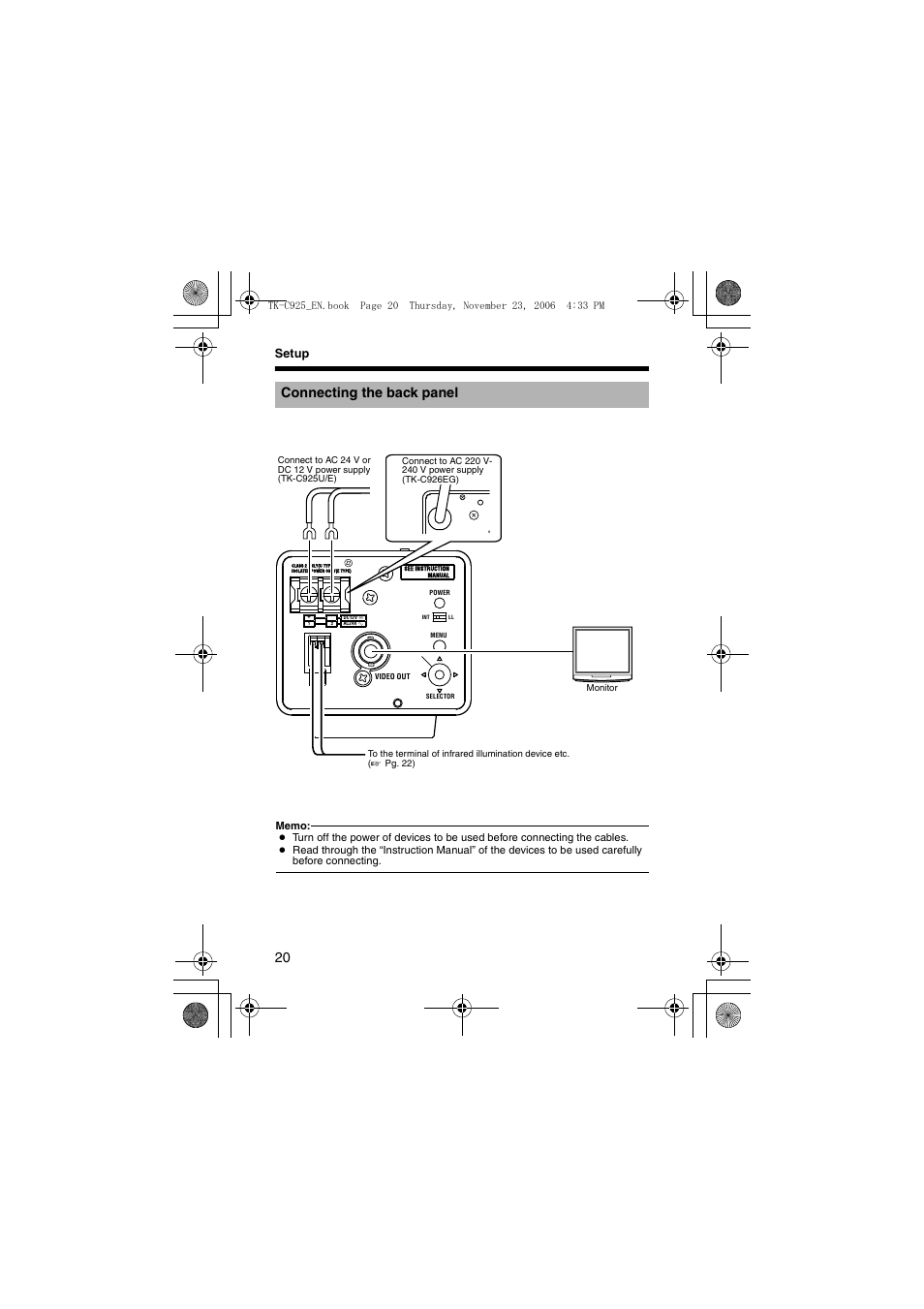 Connecting the back panel, A pg. 20), Setup | JVC TK-C926EG User Manual | Page 20 / 60