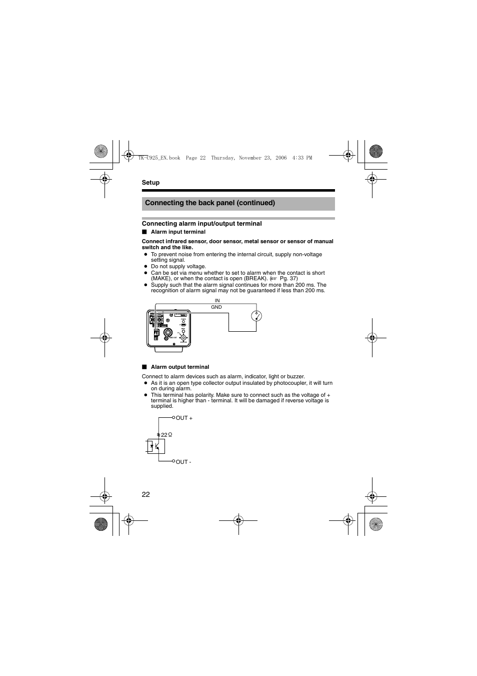 Connecting the back panel (continued), Setup connecting alarm input/output terminal | JVC TK-C926EG User Manual | Page 22 / 60