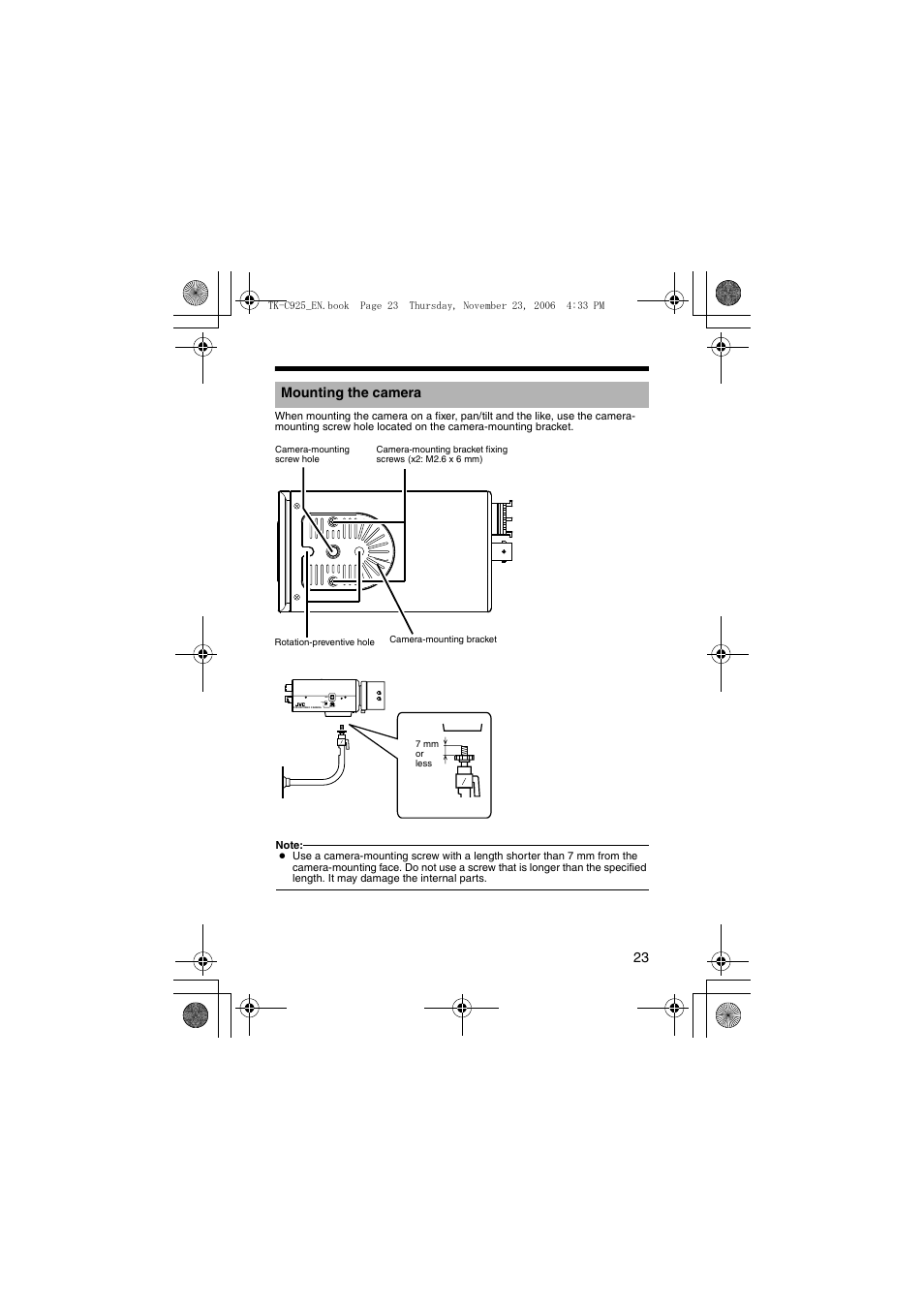 Mounting the camera, A pg. 23) | JVC TK-C926EG User Manual | Page 23 / 60
