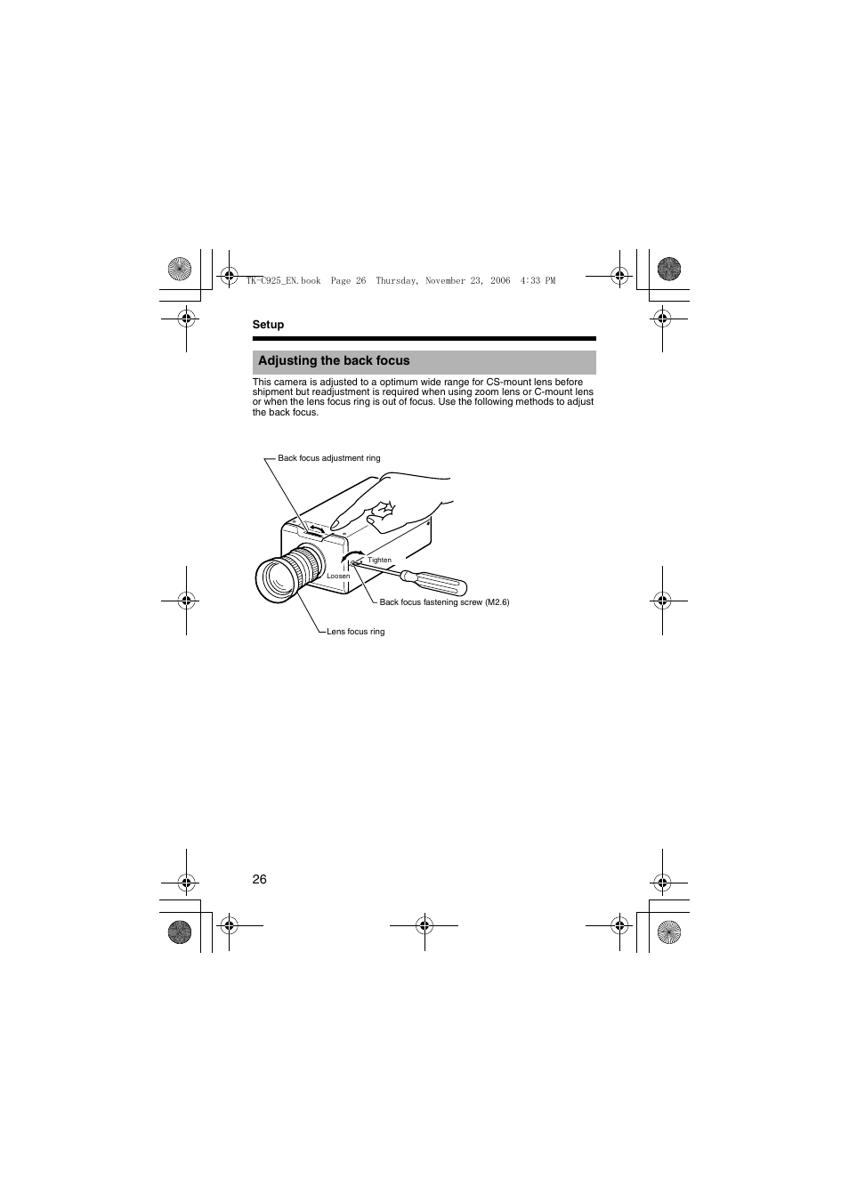 Adjusting the back focus, A pg. 26) | JVC TK-C926EG User Manual | Page 26 / 60