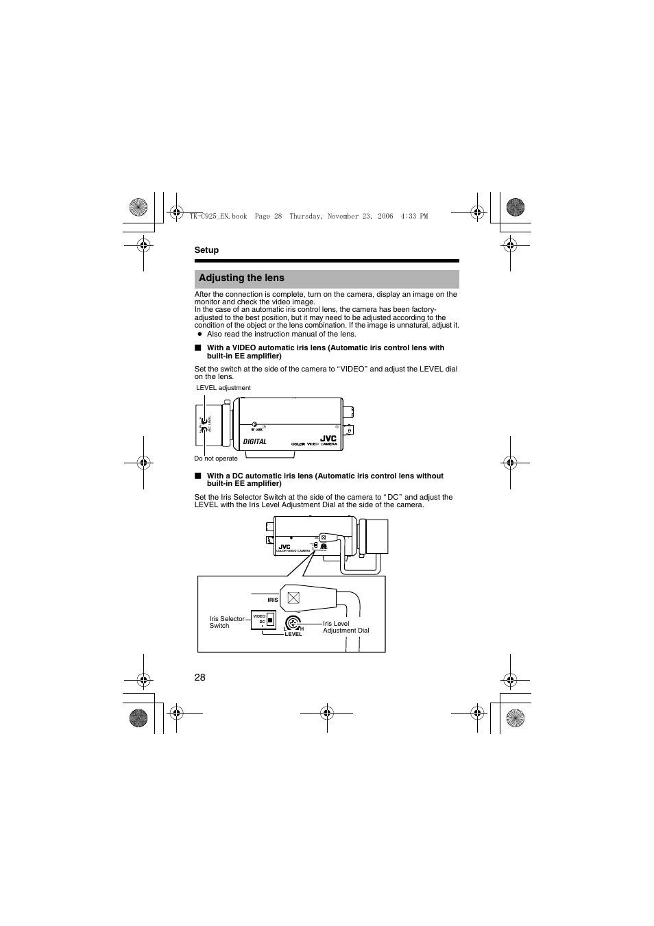 Adjusting the lens, A pg. 28), Video dc | Setup | JVC TK-C926EG User Manual | Page 28 / 60