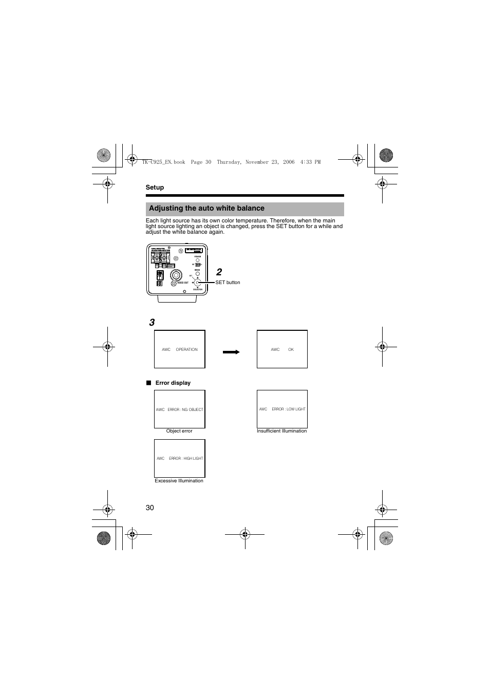 Adjusting the auto white balance, A pg. 30), Setup | Error display | JVC TK-C926EG User Manual | Page 30 / 60