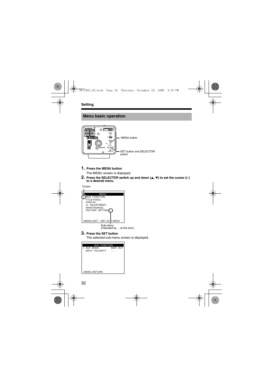 Setting, Menu basic operation, A pg. 32) | JVC TK-C926EG User Manual | Page 32 / 60