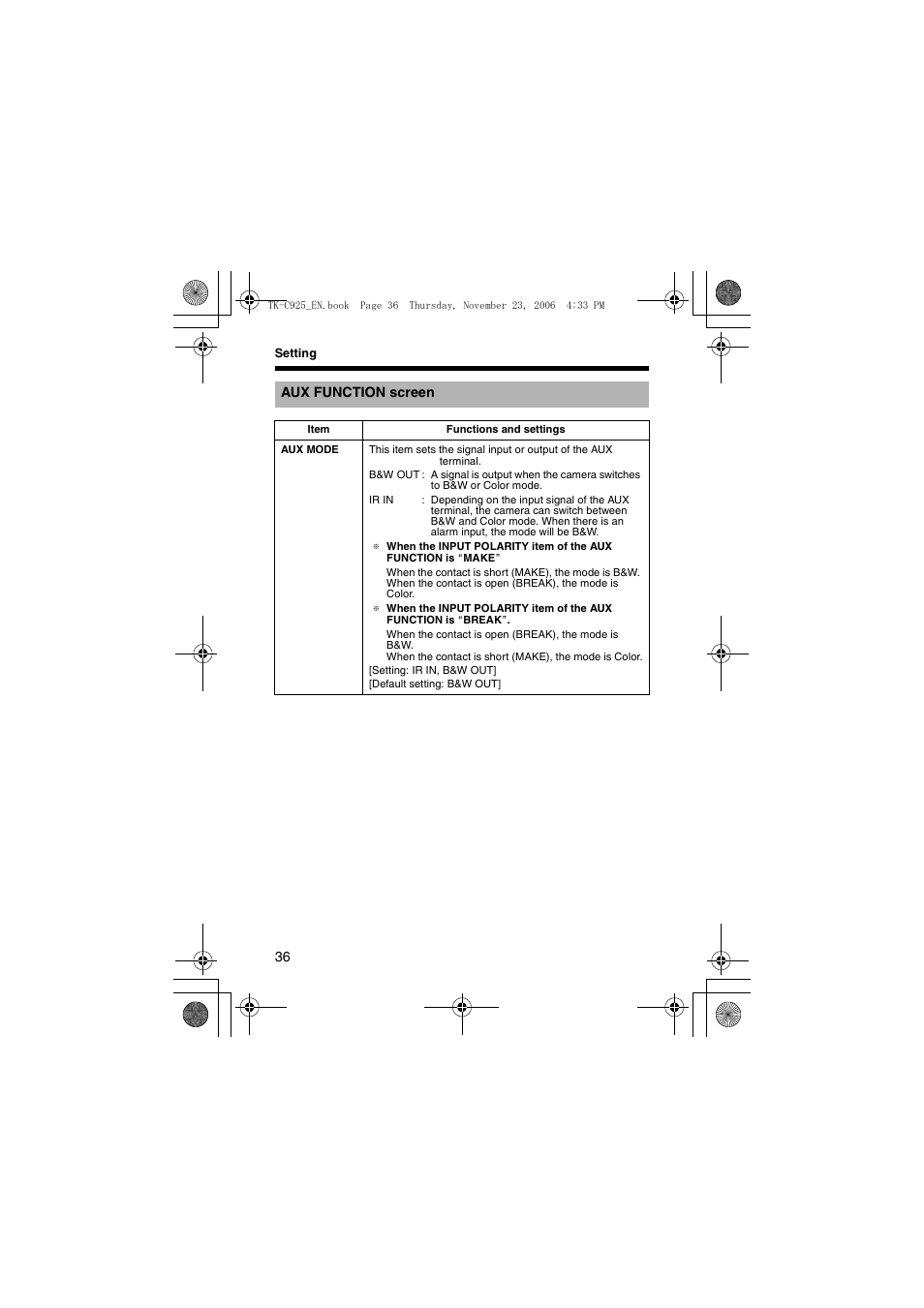 Aux function screen, Aux function scr, A pg. 36) | JVC TK-C926EG User Manual | Page 36 / 60