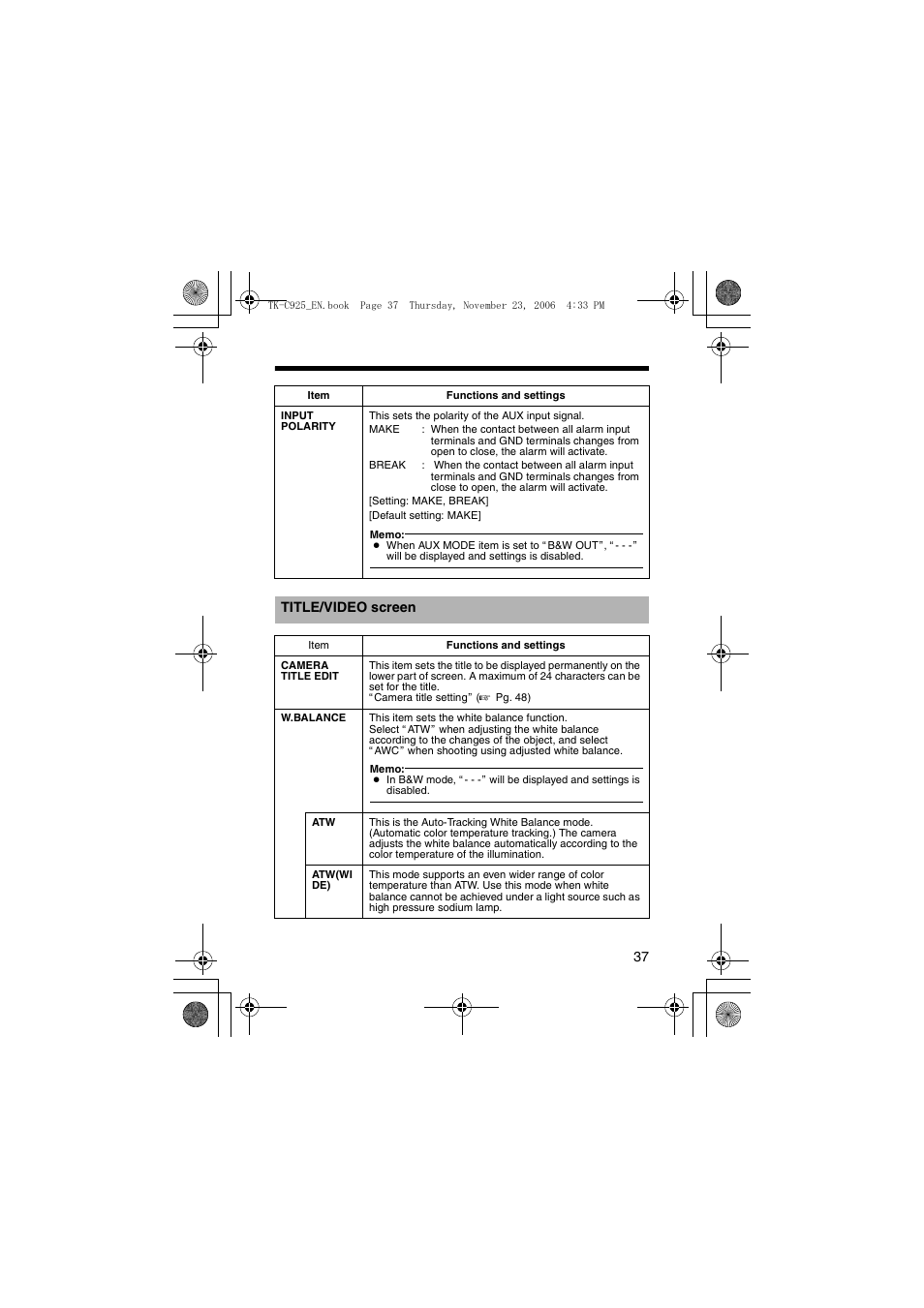 Title/video screen, Title/video scr, A pg. 37) | JVC TK-C926EG User Manual | Page 37 / 60