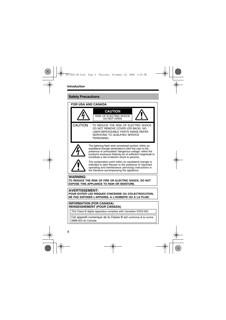 Introduction, Safety precautions | JVC TK-C926EG User Manual | Page 4 / 60