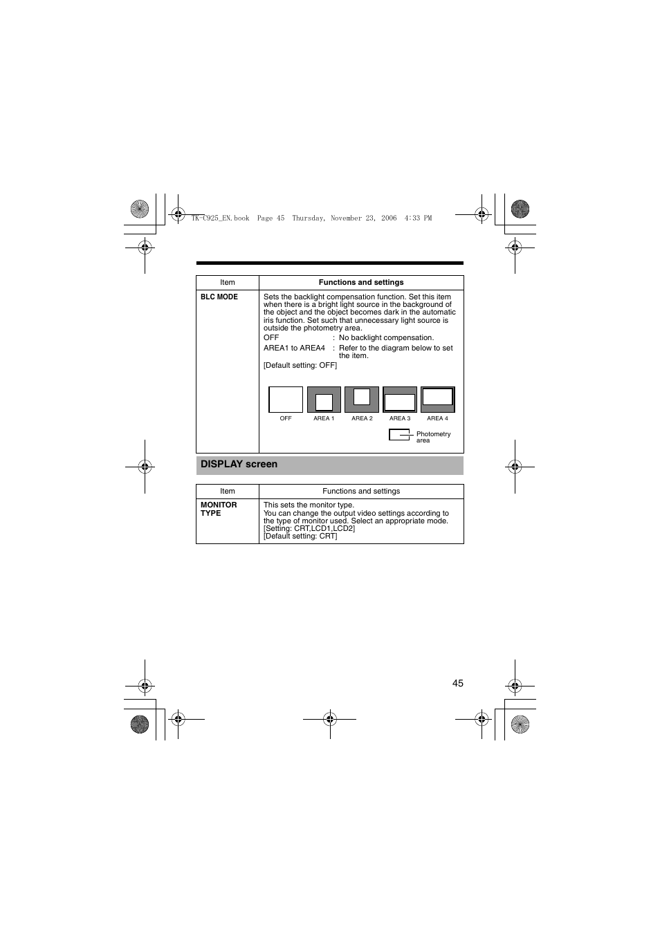 Display screen, Display sc | JVC TK-C926EG User Manual | Page 45 / 60