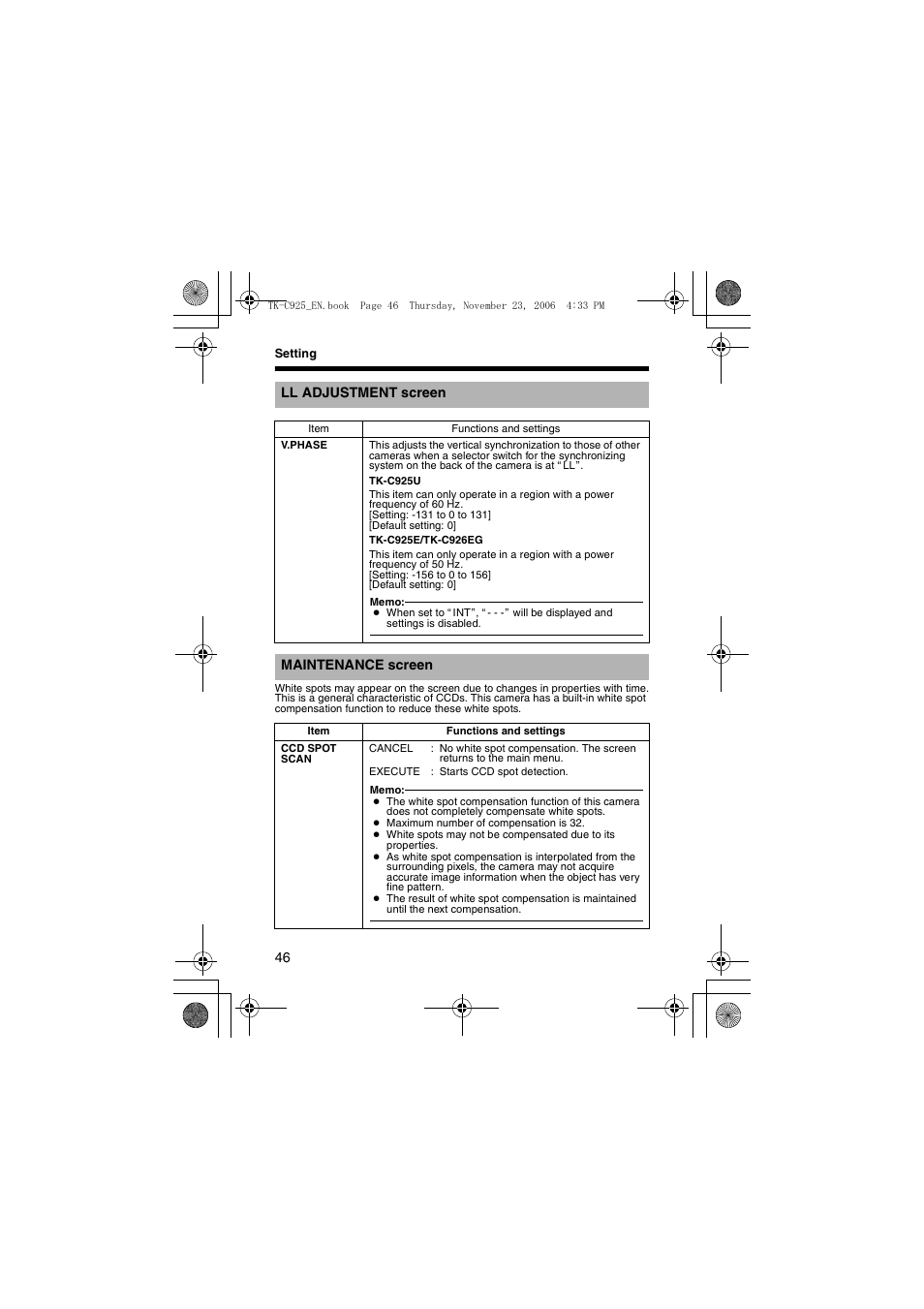 Ll adjustment screen, Maintenance screen, Ll adjustment | Maintenance scr | JVC TK-C926EG User Manual | Page 46 / 60