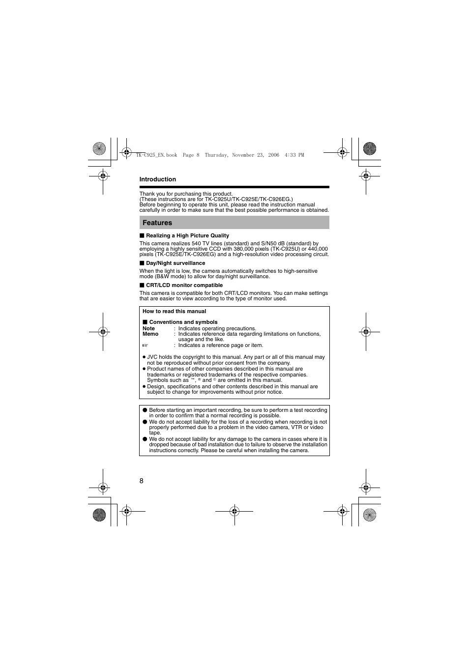 Features | JVC TK-C926EG User Manual | Page 8 / 60