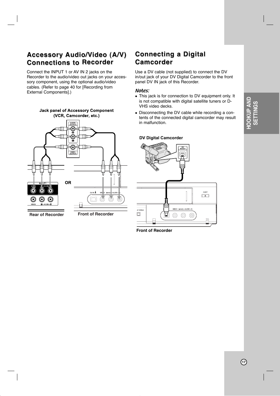 Accessory, Connecting a digital, Connecting a digital camcorder camcorder | JVC DR-MV99BU User Manual | Page 17 / 57
