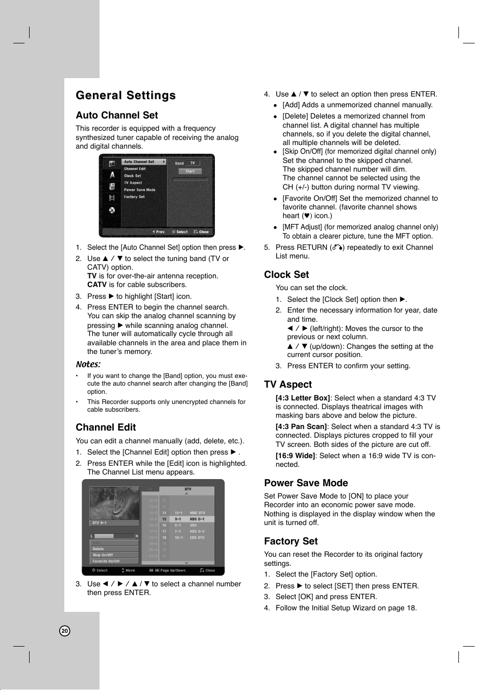 General settings, Auto channel set, Channel edit | Clock set, Tv aspect, Power save mode, Factory set | JVC DR-MV99BU User Manual | Page 20 / 57